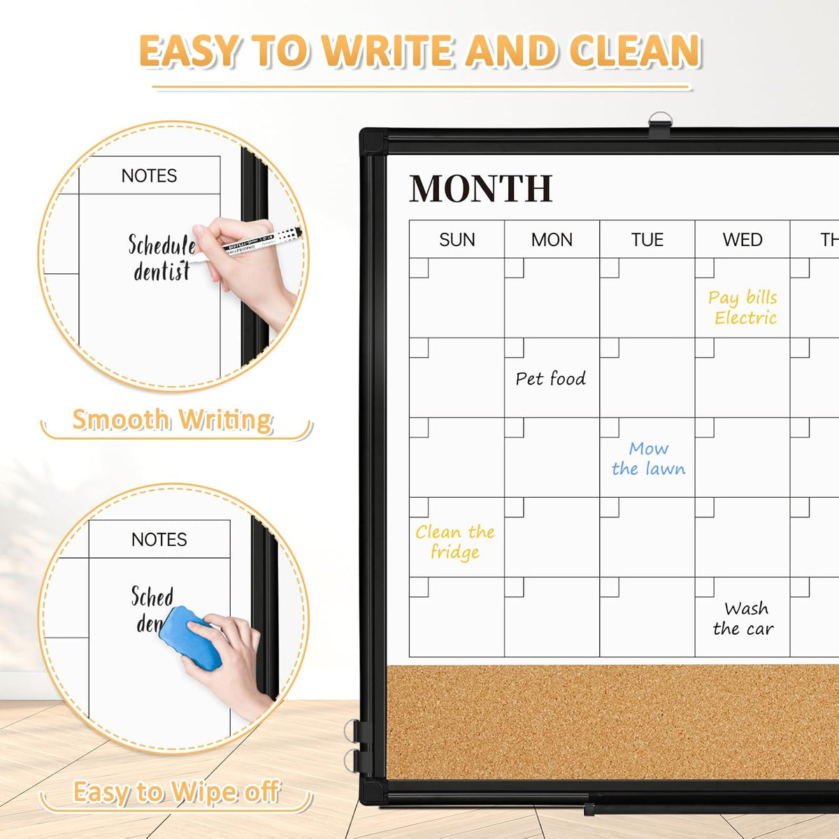 Dry Erase Calendar Board for Wall, 24"x18" Magnetic Whiteboard Calendar Double-Sided Monthly White Board with Cork Board, Black Aluminum Frame Memo Message Board for Office, Home, School