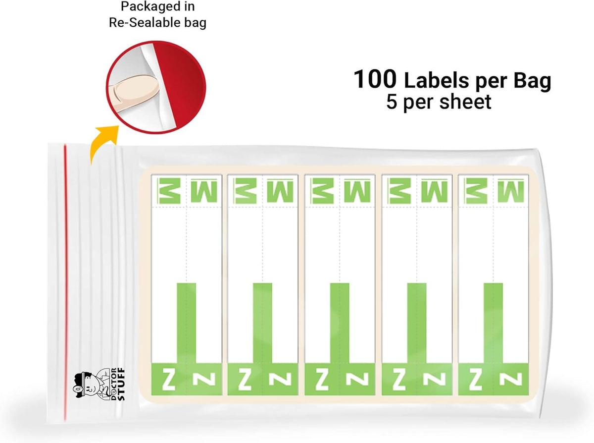 Doctor Stuff - File Folder Labels, Alphabet Letters, M/Z, Compatible with Smead NCC - SNCC Series Alpha Stickers Light Green, 1-5/32" x 3-5/8, 100/Package
