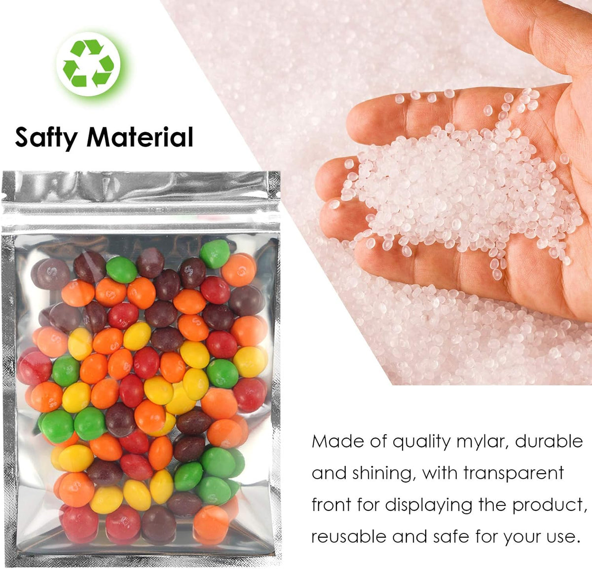 Resealable Mylar Bags | 100 Pcs 5.5 X 7.8 Inch | Smell Proof Bag Heat Seal Cute Packaging Foil Food Sealable Small Front Clear Plastic Silver for Storage Candy Beef Jerky Jewerly Product