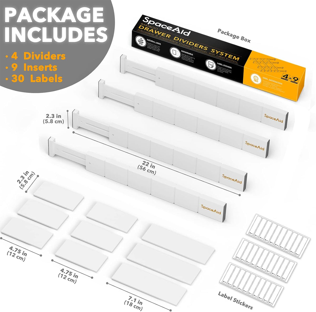 SpaceAid Bamboo Drawer Dividers with Inserts and Labels, Kitchen Adjustable Drawer Organizers, Expandable Organization for Home, Office, Dressers, 4 Dividers with 9 Inserts (17"-22" White)