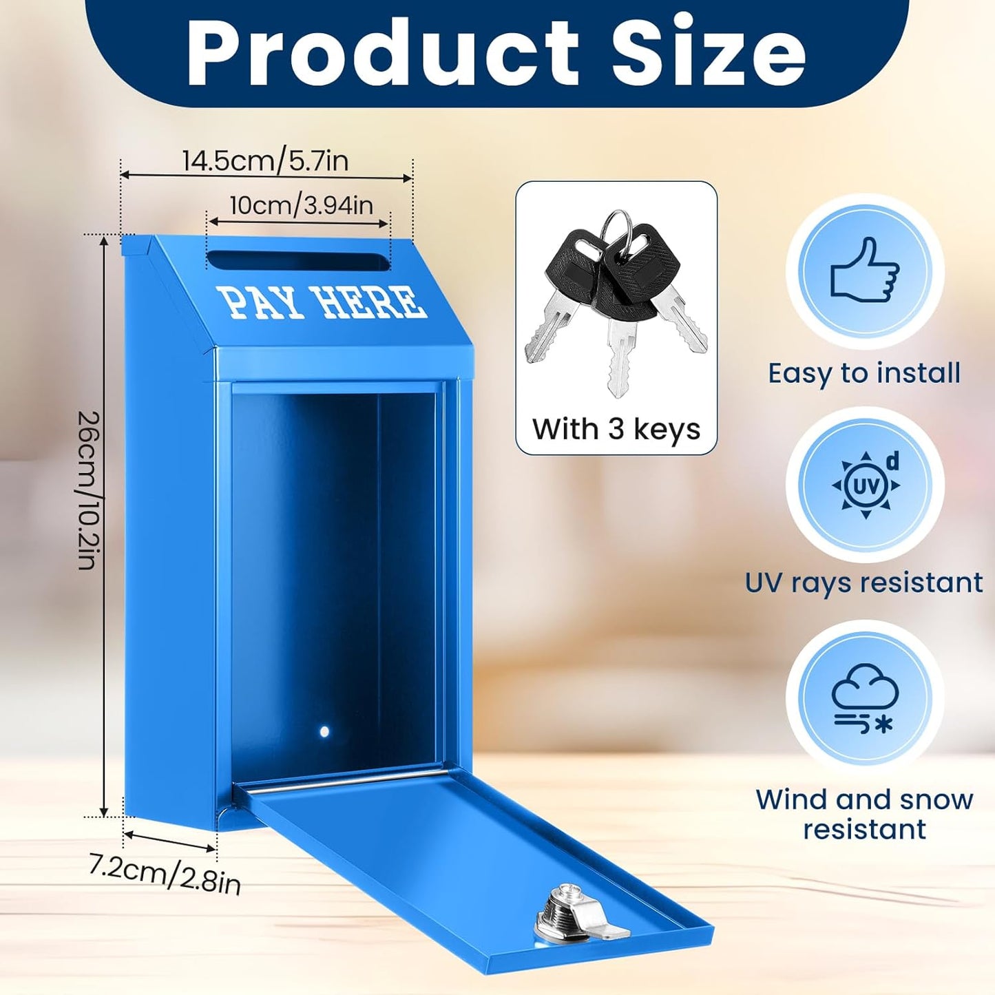 Safe Cash Box Money Collection Metal Donation Box with Lock Wall Mount Pre Drilled Mailbox Delivery Ballot for Home Office Outdoor Self Serve Stand(Blue,10.2 x 5.7 x 2.8 Inch)