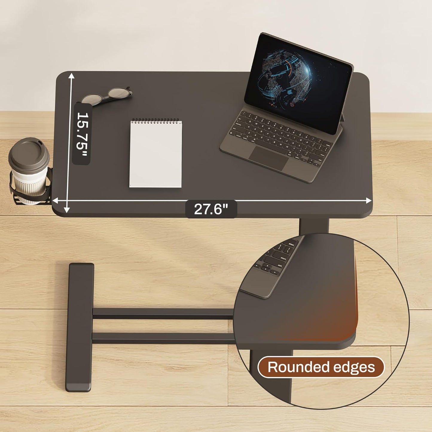 FLEXISPOT Mobile Standing Desk with Wheels Pneumatic Laptop Desk Rolling Computer Cart Movable Height Adjustable Small Sit Stand Desk Computer Workstations Home Use（27.6" W x 15.7" D, Black