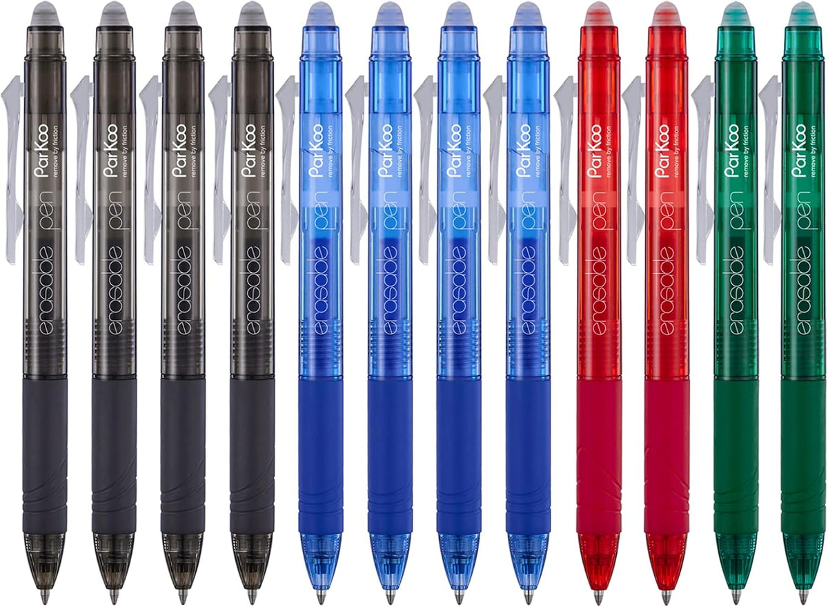 ParKoo Retractable Erasable Gel Pens Clicker Fine Point 0.7 mm, No Need for White Out, 4 Assorted Color Inks for Completing Sudoku and Crossword Puzzles, 12-pack