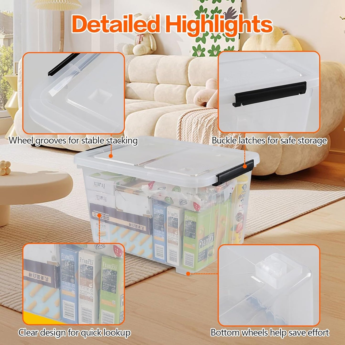 Wekioger Set of 4 Plastic Storage Box on Wheels, 32 Quart Latch Storage Container Bin, Clear