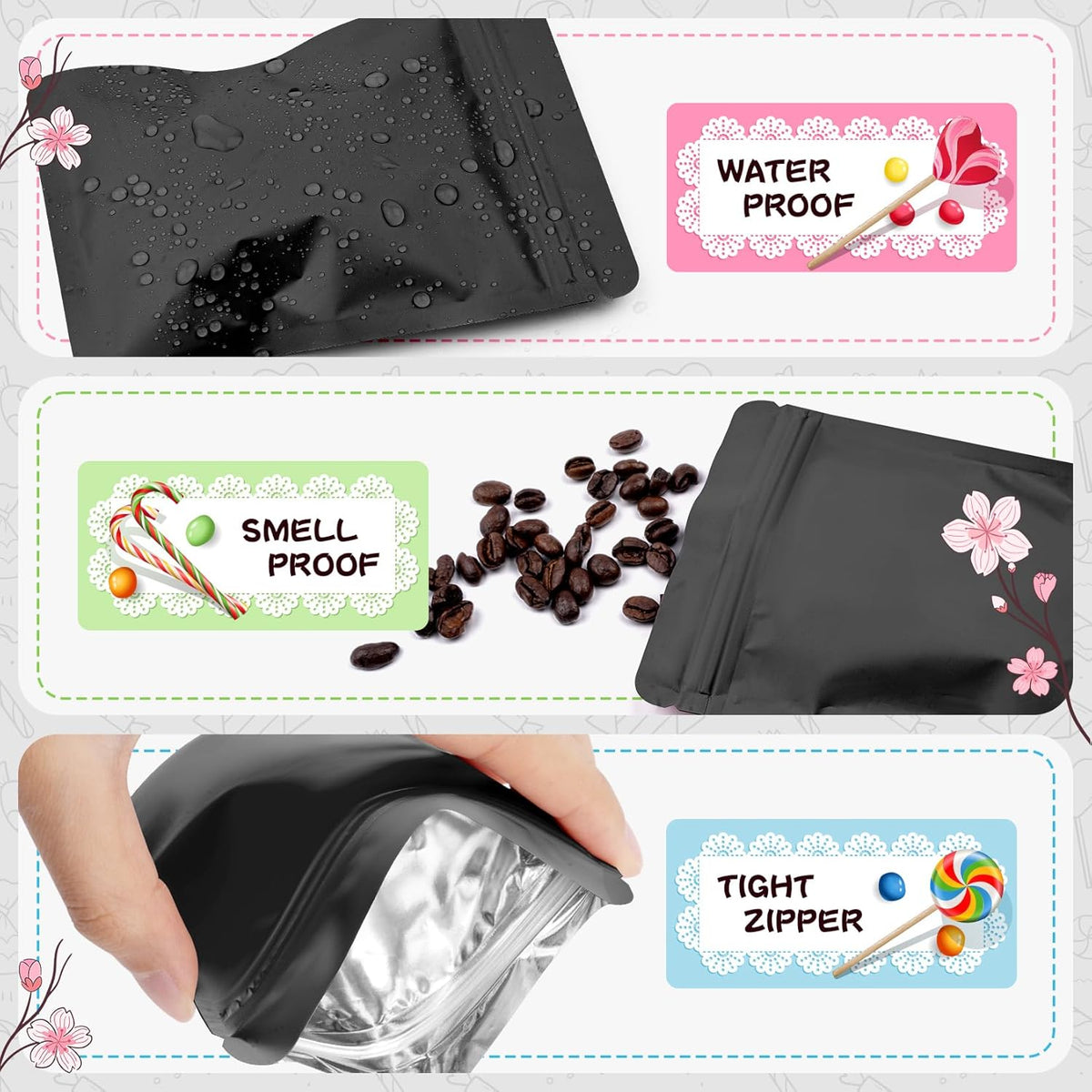 Funfery 100 Pack Black Mylar Packaging Bags Resealable Bags Double Sided Color Odor Proof Pouch Baggies Smell Proof Foil Bag for Food Storage,Small Business(Black,4x6inch)