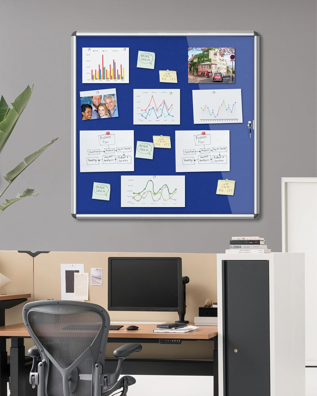 38"x38" Enclosed Bulletin Board, Lockable Weather-Resistant Aluminum Cork Noticeboard for School & Office, Silver Frame w/Blue Flet