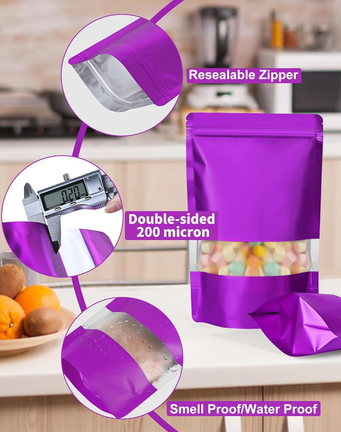 FireKylin 100 Pack Smell Proof Bags, Resealable Bags with Matte Window, Foil Pouch Stand Up Sealable Bags for Packaging(Purple,3.5" x 5.1")