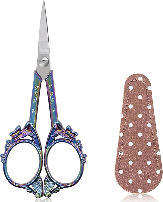 BIHRTC Small Threading Scissors 4.5 Inch Vintage Sharp Detail Shears with Artificial Leather Cover Stainless Steel Tip Dressmaker Shears DIY Tools for Embroidery Crochet Craft Needlework