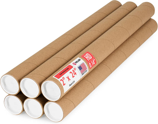 2" x 24" Heavy-Duty Reinforced Cardboard Mailing Tube, Pack of 6 Tubes with 12 Caps – Secure USPS Approved – Great for Shipping and Storing of Prints, Artwork, Posters or Documents