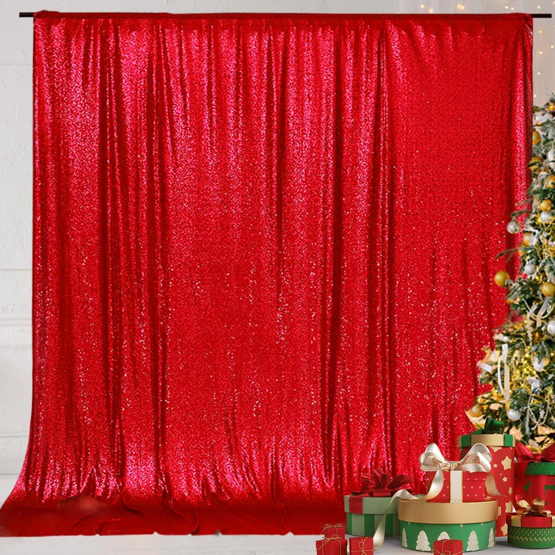 Eternal Beauty Red Sequin Backdrop, 6x8 Ft Glitter Background Curtains for Christmas Shimmer Photography Party Wedding Birthday Back Drop Decor