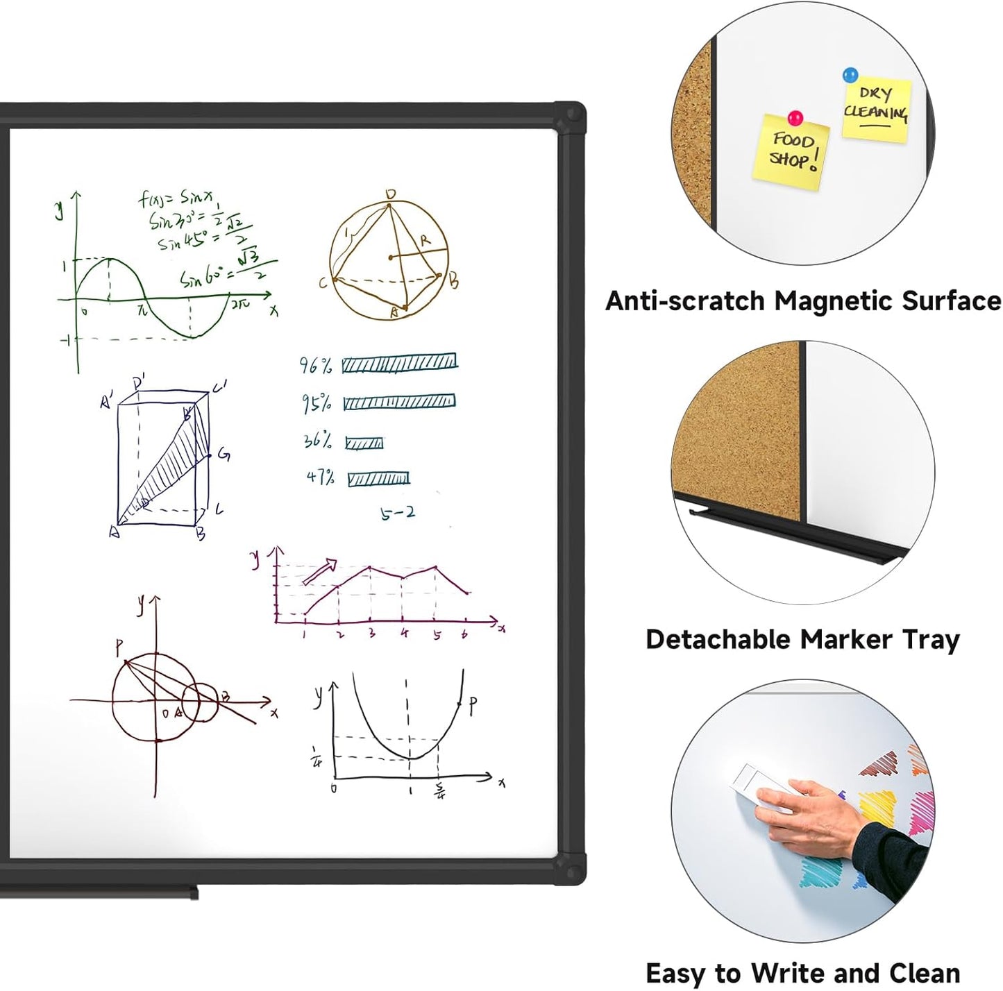 XBoard Magnetic whiteboard 36 x 24 - Combo Whiteboard Dry Erase Board/Cork Board, Magnetic White Board + Corkboard with Black Aluminum Frame, Colorful Push Pins & Marker Tray Included
