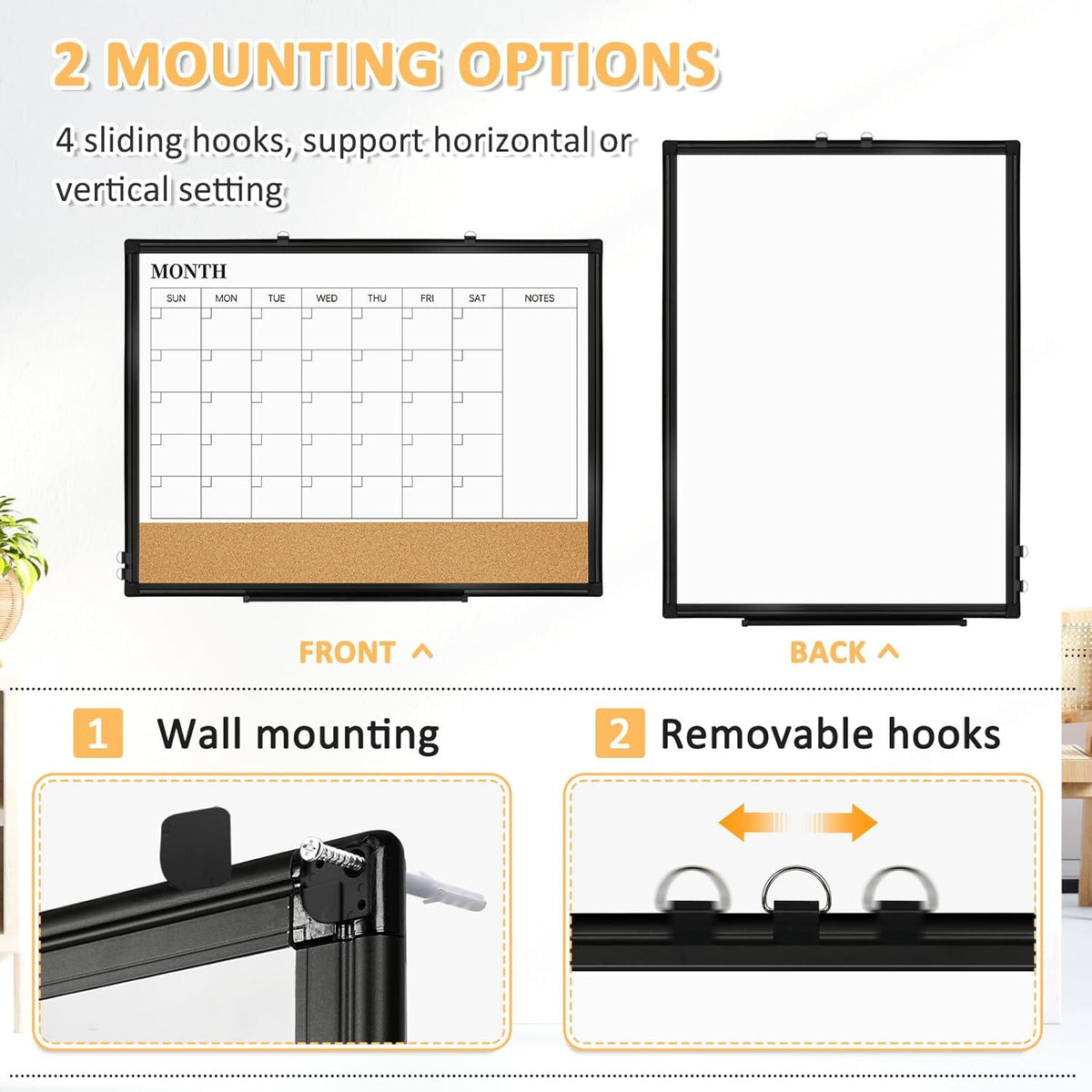 Large Dry Erase Calendar for Wall, 36"x24" Double-Sided Magnetic Whiteboard Calendar with Cork Board, Black Aluminum Frame Monthly White Board Memo Message Board for Office, Home, School