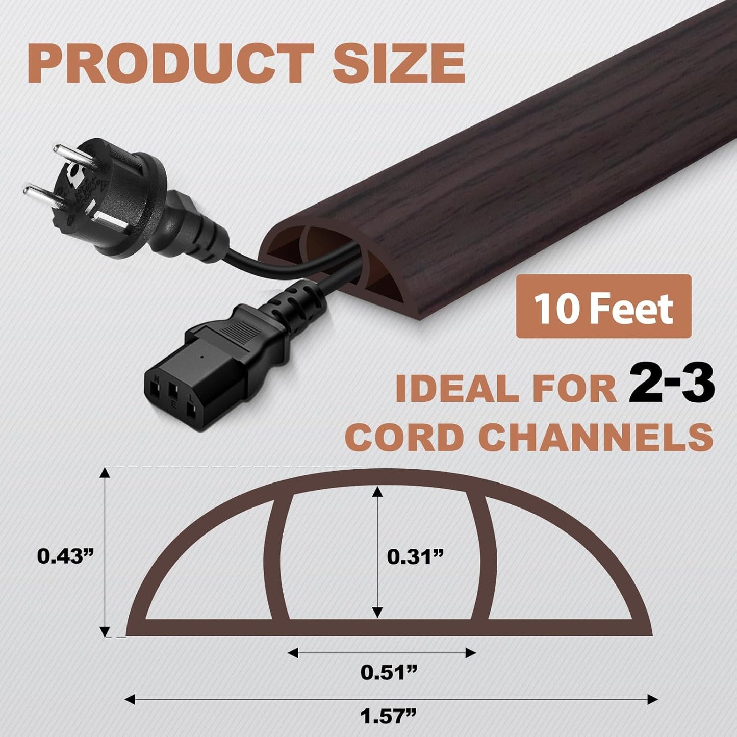 Floor Cord Cover for Wires on Floor Self Adhesive Cord Hider Floor Cable Management Wire Covers for Cords Protector Prevent Cable Trips Cord Cavity W 0.51" x H 0.31", Black Walnut, 10Ft