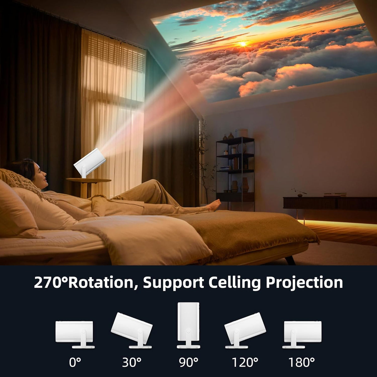 Mini Projector, Portable Projector 4K Support, Full HD 1080P Outdoor Projector, 270° Rotation Movie Projector, Compatible with Smartphone, TV Stick, Laptop, PS4, HDMI, USB (No WiFi or Bluetooth)