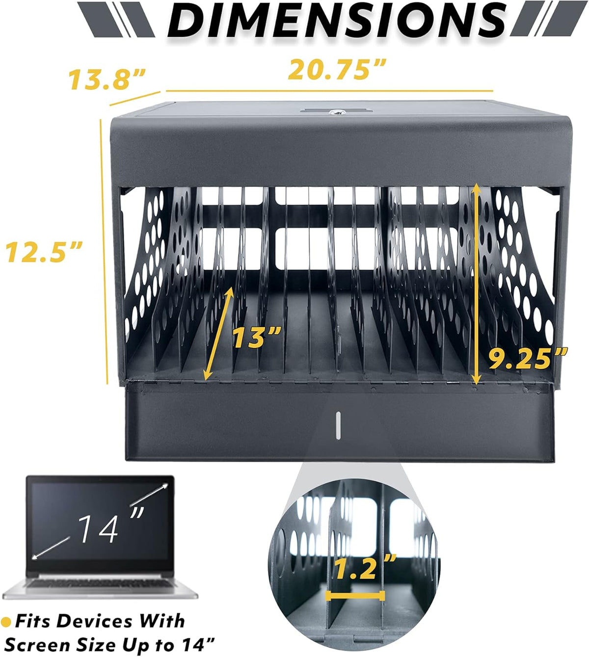 16-Device Charging Station for Chromebooks - Locking Charging Cabinet with Cable Management, Charger Storage, and Lock Included - Fits 14'' Screensize and 1.2'' Thick Tablets (Black)