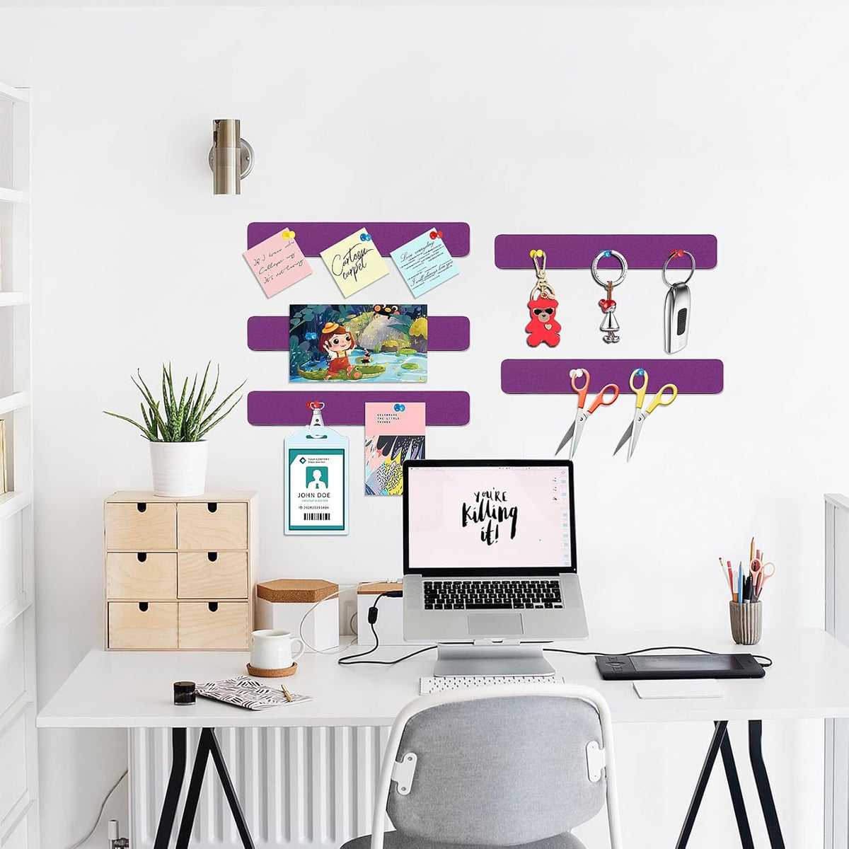 Felt Pin Board Bar Strips Bulletin Board for Bedrooms Offices Home Wall Decoration, Notice Board Self Adhesive Cork Board with 35 Push Pins for Paste Notes, Photos, Schedules (Purple)