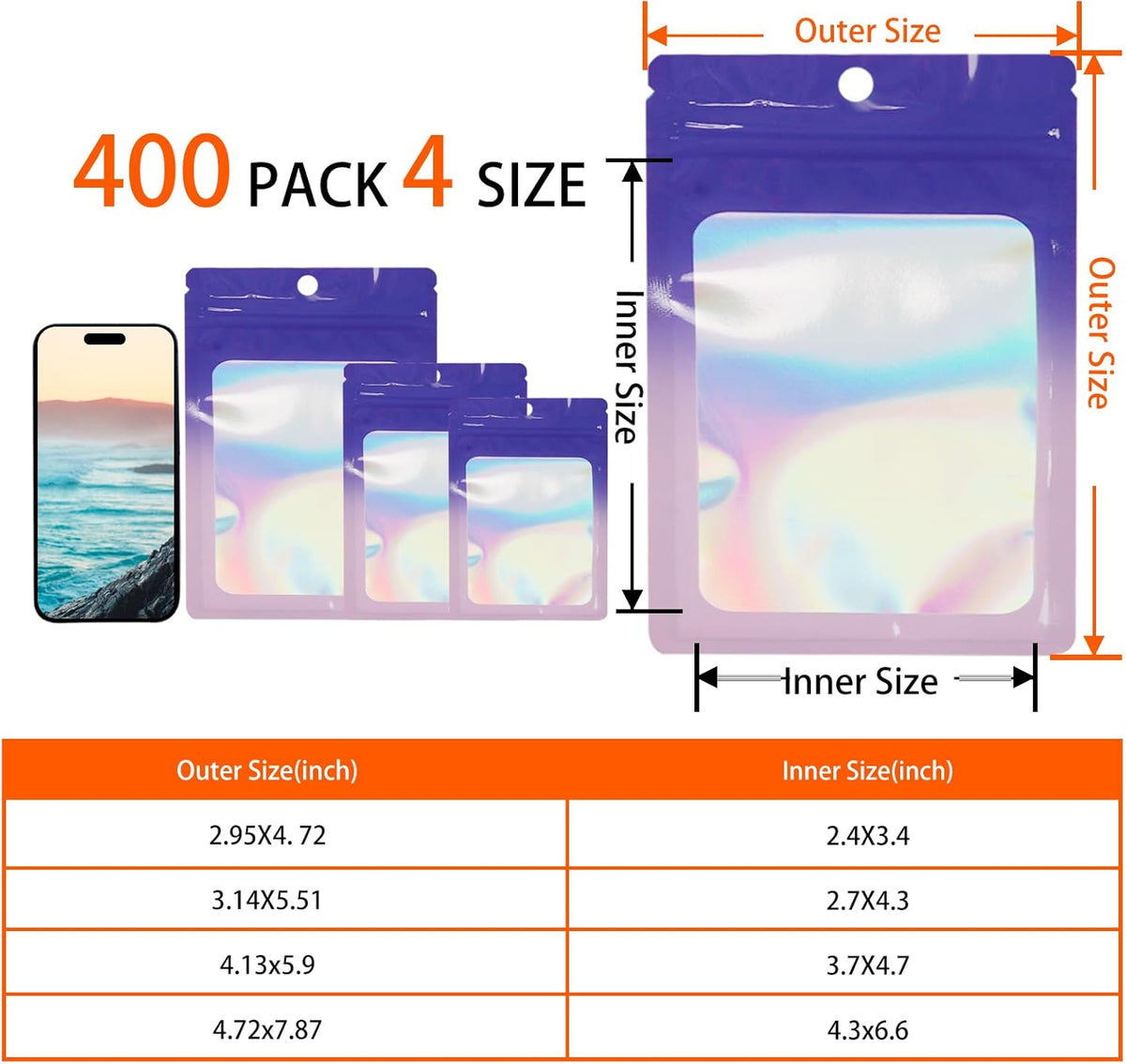 400 Pack 4 Sizes Resealable Mylar Holographic Bags Food Storage Smell Proof Bags with Front Window, Zipper Foil Packaging Pouch for Sample Jewelry Small Business (Red,3x4.7,3.1x5.5,4x 6,4.7x 7.9in)