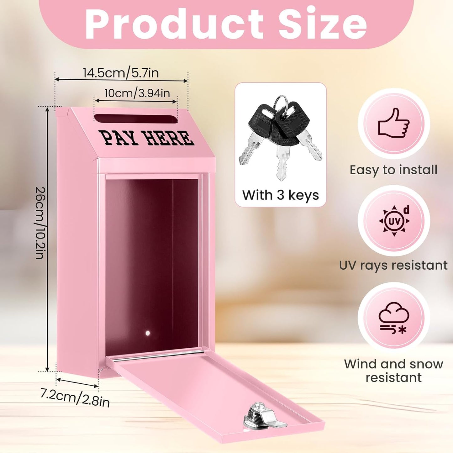 Safe Cash Box Money Collection Metal Donation Box with Lock Wall Mount Pre Drilled Mailbox Delivery Ballot for Home Office Outdoor Self Serve Stand(Pink,10.2 x 5.7 x 2.8 Inch)