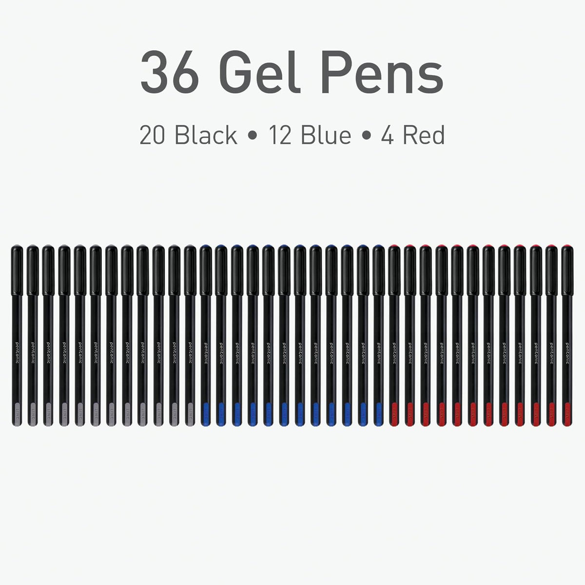 Pentonic Gel Pens, 36 Count, Assorted Colored Ink (20 Black, 12 Blue, 4 Red), 0.6 mm Fine Point, Smooth Writing For Journaling & Notetaking (1002356)