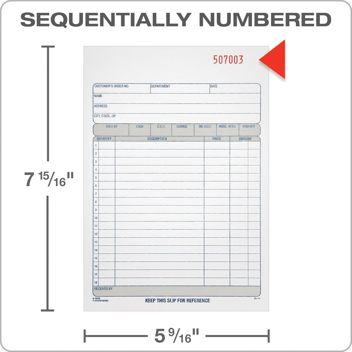 Adams Sales Order Book, 3-Part Carbonless, White/Canary/Pink, 5-9/16" x 8-7/16", 50 Sets (TC5805)