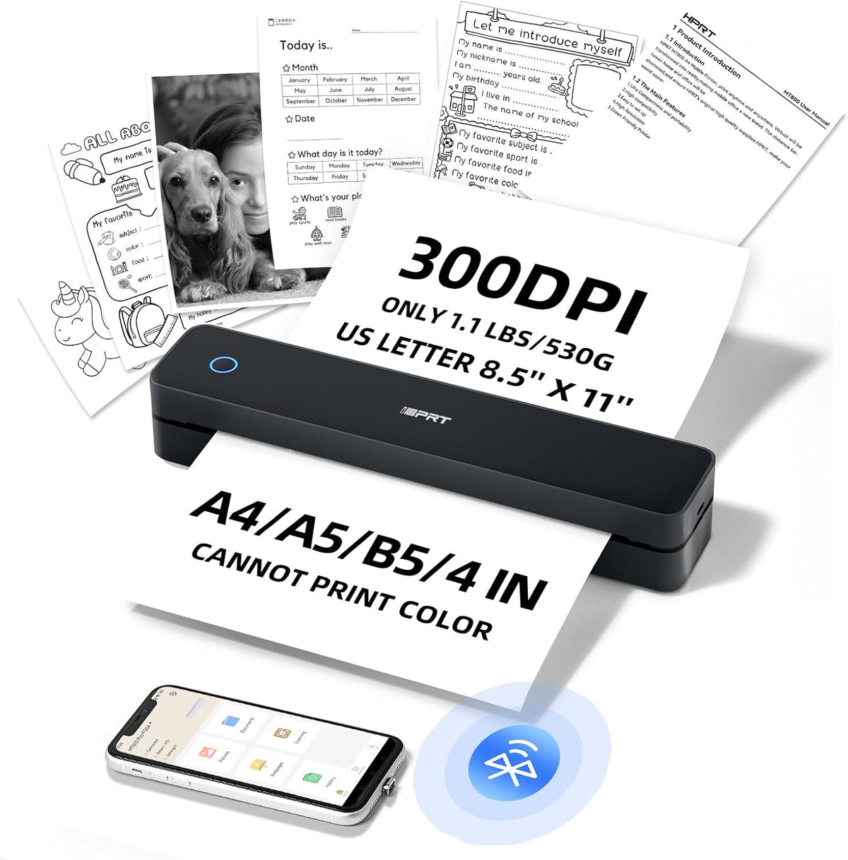 iDPRT Portable-Printer Wireless for Travel, 300DPI Inkless Thermal Small Printers for Home Use, Office, Vehicles, Mobile Bluetooth Printer Supports 8.5" x 11" US Letter, for Smartphone & PC,Black