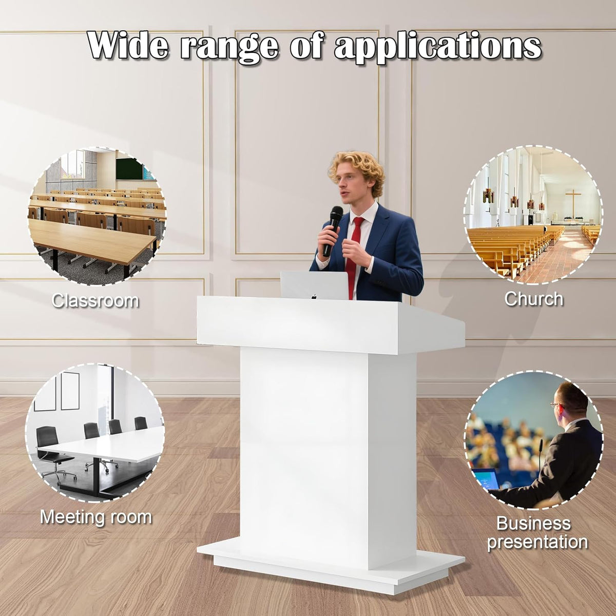 Solid Wooden Podium Stand Podiums for Classroom Lectern Podium Stand Wood Church Pulpit with 3 Levels of Storage and Heightened Baffles (White, 39.4in)