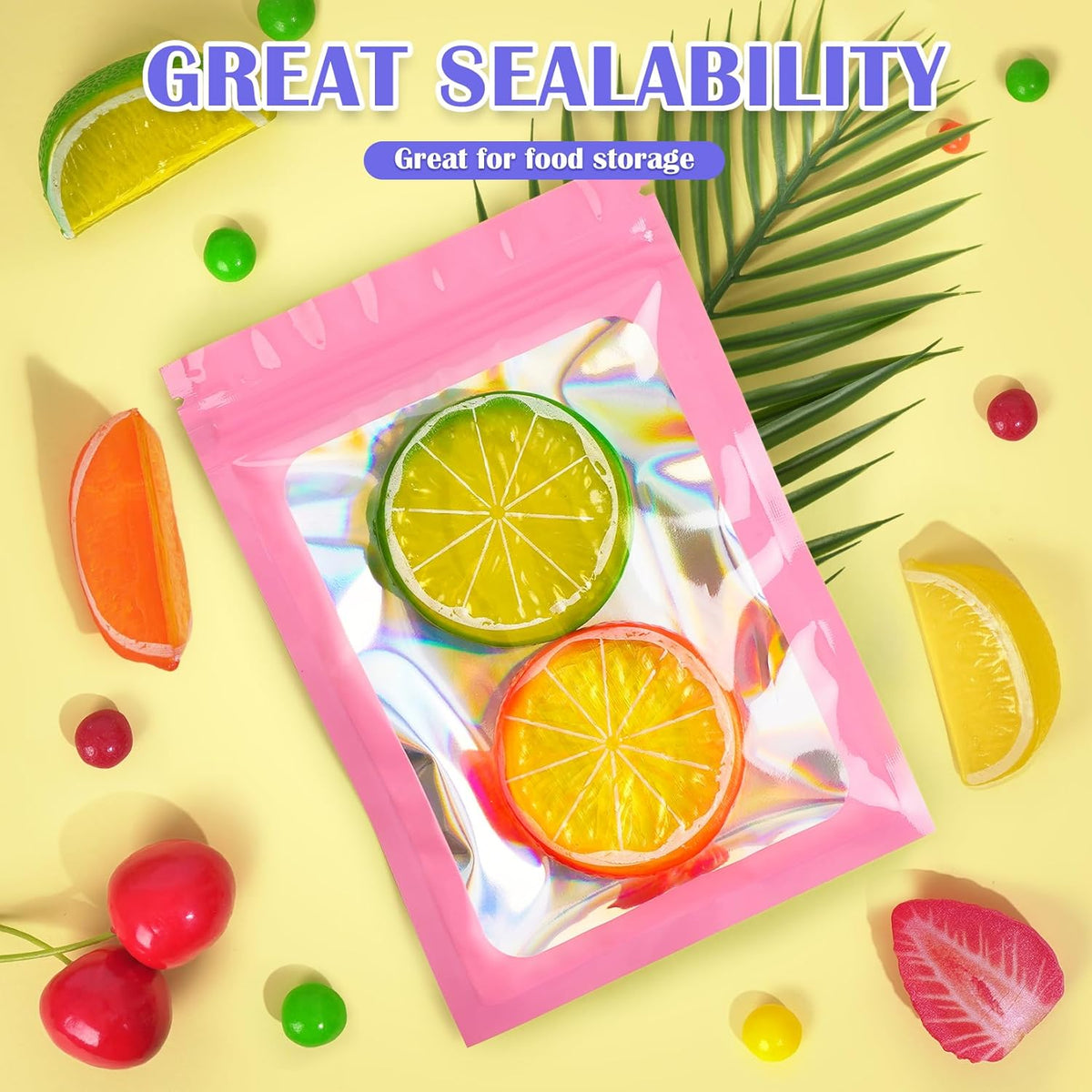 100 PCS Mylar Bags, Pink Holographic Bags, Smell Proof Bag, Resealable Bag for Small Business, Packaging, Food Storage, Bracelets, Jewelry（5.5x7.9in）