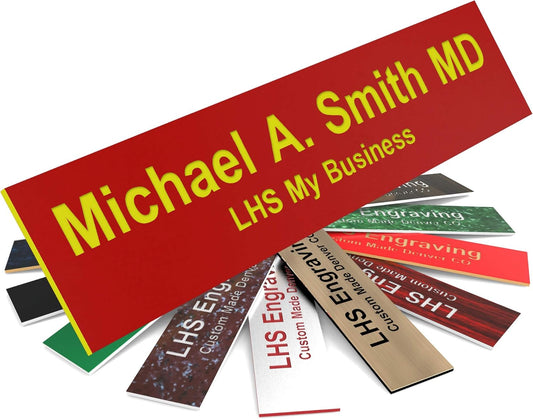 Door Name Plate Personalized for Office Red Plastic Name Plate with Yellow Letters - Made in USA 2x12 B22