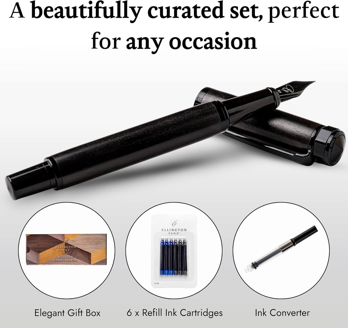 Elegant Wood Fountain Pen Set – Includes Wooden Pen Box, Ink Converter, 6 Ink Cartridges, and Gift Box – Writing, Calligraphy