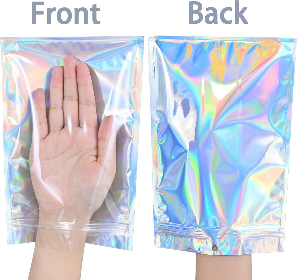 100 Pack Holographic Resealable Plastic Bags for Food Storage, Zipper Bags with Clear Front Window, Packaging Pouch for Small Business (100 Pack, 6x8.8 inch)
