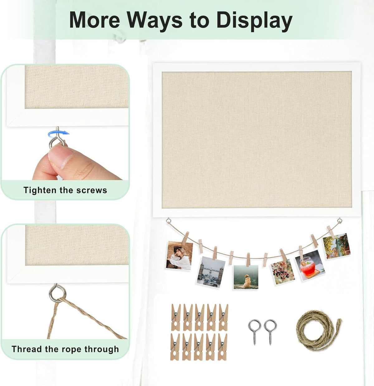 DOLLAR BOSS Cork Board Bulletin Board with Linen Double-Sided 24" x 18" Linen Corkboards for Walls Picture Display Vision Board for Office Home School Framed Picture Pin Board, 20 Pushpins 10 Clips