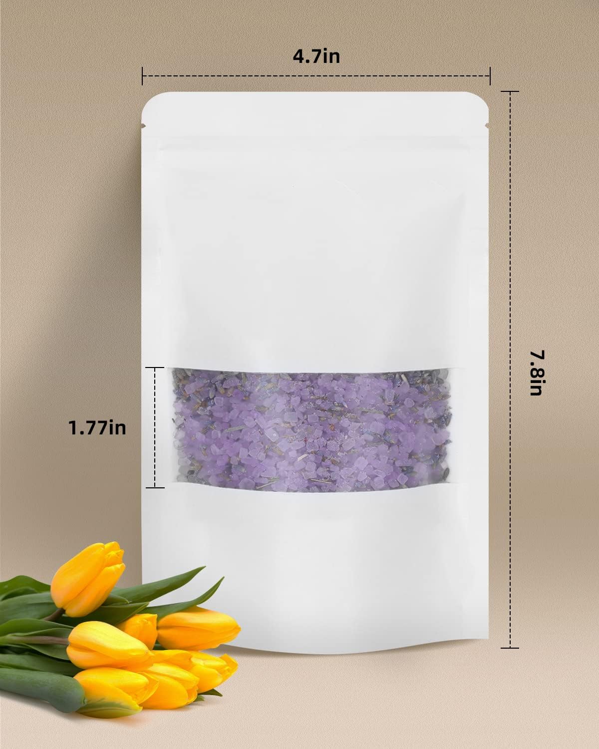 100pcs Kraft Bags with Window 4.7x7.8 Inches White Reusable Sealable Zip Lock Food Storage Stand up Paper Pouches for Home or Business