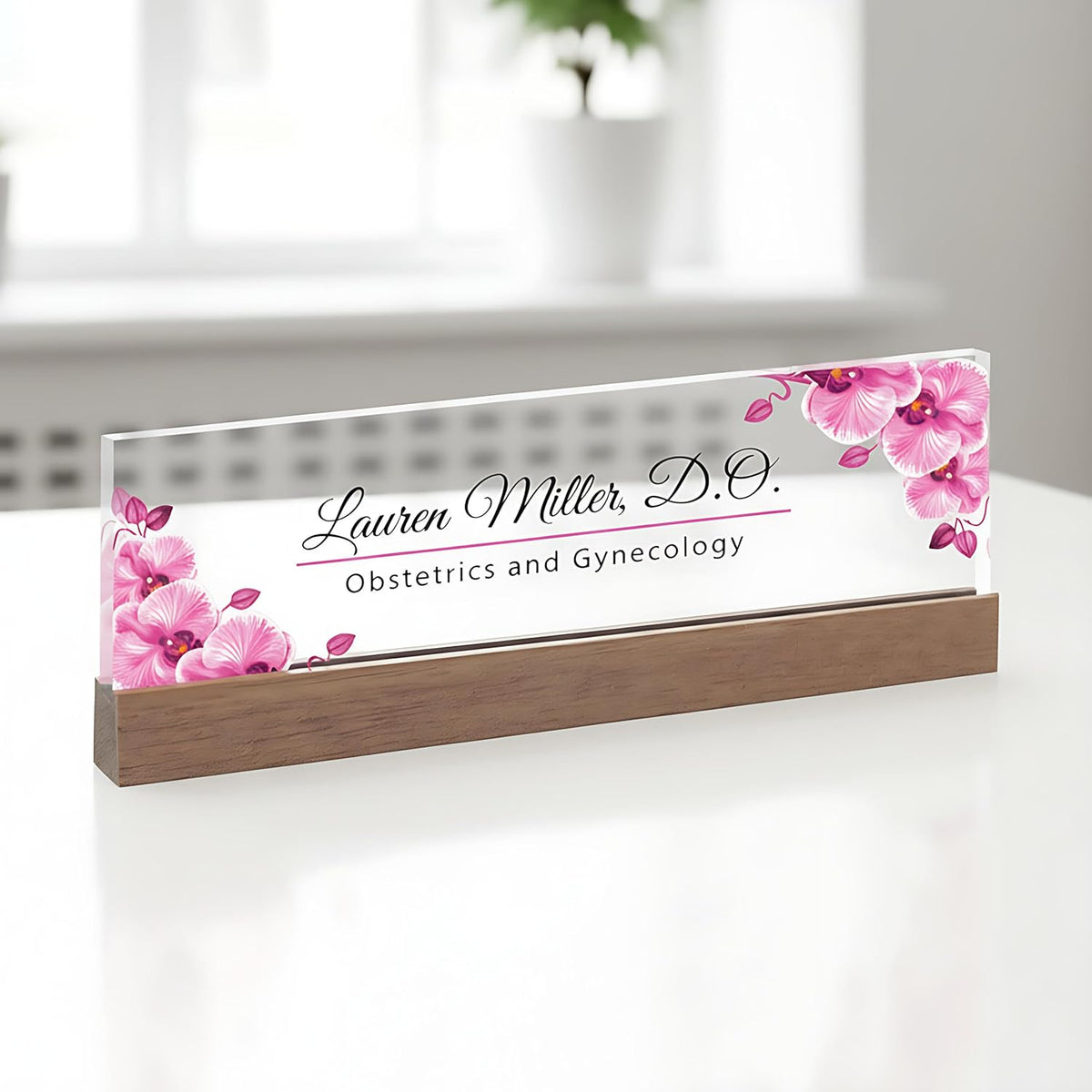 ARTBLOX | Office Personalized Name Plate Pink Orchid V2 Design On Clear Acrylic Glass for Desk with Business Card Holder