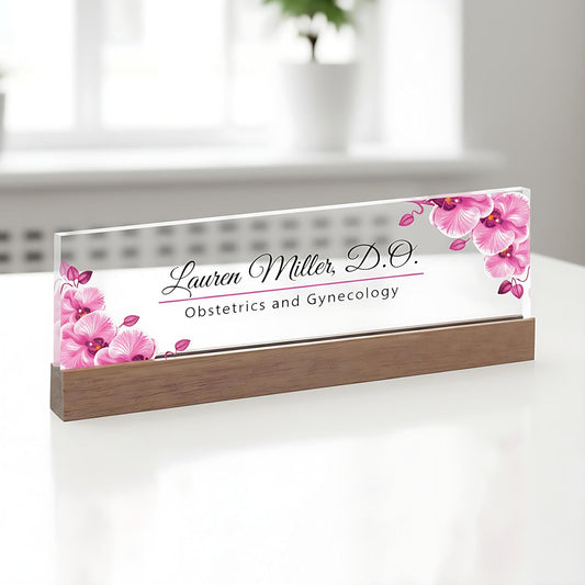 ARTBLOX | Office Personalized Name Plate Pink Orchid V2 Design On Clear Acrylic Glass for Desk with Business Card Holder