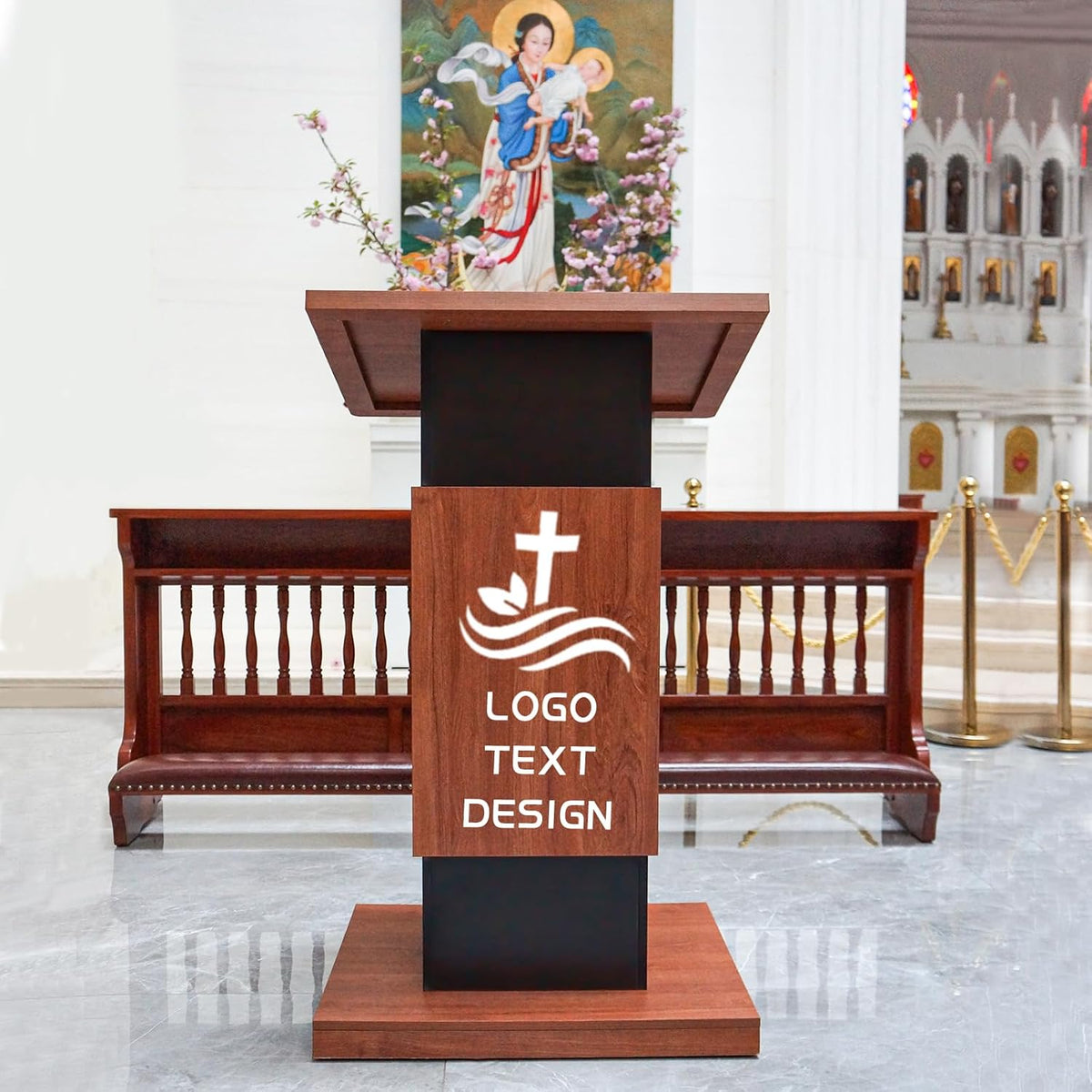 47" Customized Wood Podium Stand with Personalized Text Upload Your Logo, Wood Portable Lectern Churches with Wire Hole, Pulpits Stand with Storage for Churches, Office, School Conference Restaurant