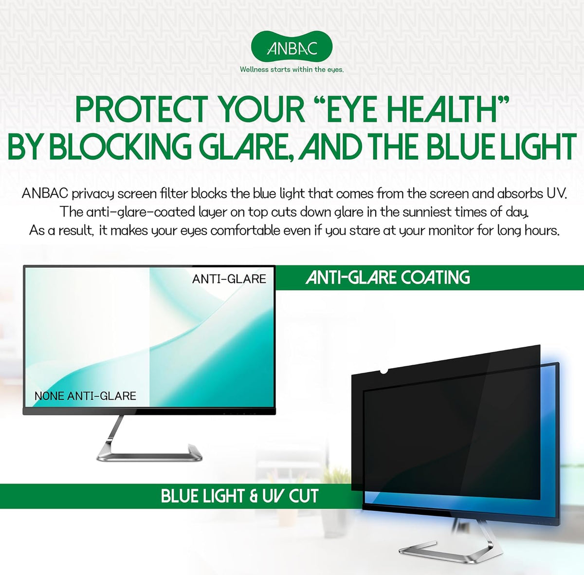 22 Inch Desktop Privacy Screen Shield for 16:10 Wide Monitor - Anti Glare Computer Privacy Screen Cover | Blue Light Blocking Screen Protector | Scratch Resistant UV Filter | Attachment Type