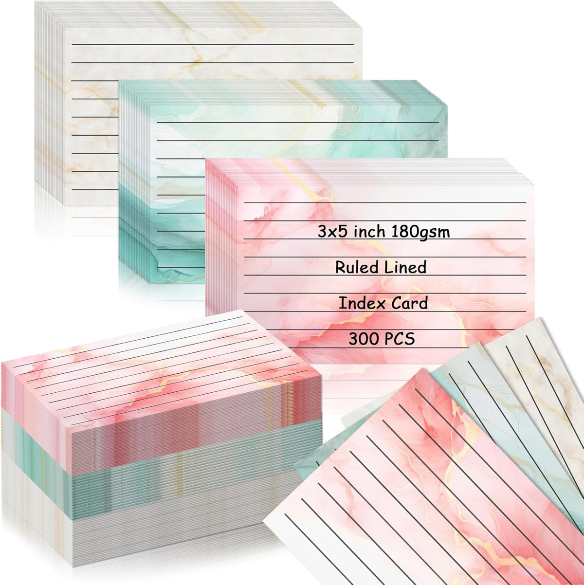 300 Pack Colored Index Cards 3x5 Marble Notecards Lined FlashCards for Studying Heavy Note Cards 180 gsm Memo Cards for Office Home School Supplies