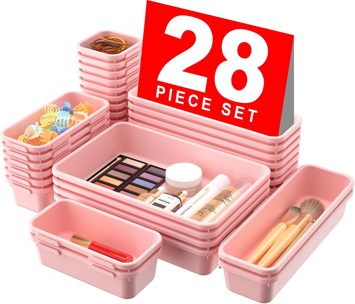 【28PCS】A-LUGEI Drawer Organizer, Bathroom Organizers and Storage, Makeup organizer, Desk drawer organizer, Storage Bins for Kitchen Office Bedroom Vanity Jewelry Pantry Garage【Pink】【4Size】