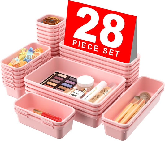 【28PCS】A-LUGEI Drawer Organizer, Bathroom Organizers and Storage, Makeup organizer, Desk drawer organizer, Storage Bins for Kitchen Office Bedroom Vanity Jewelry Pantry Garage【Pink】【4Size】