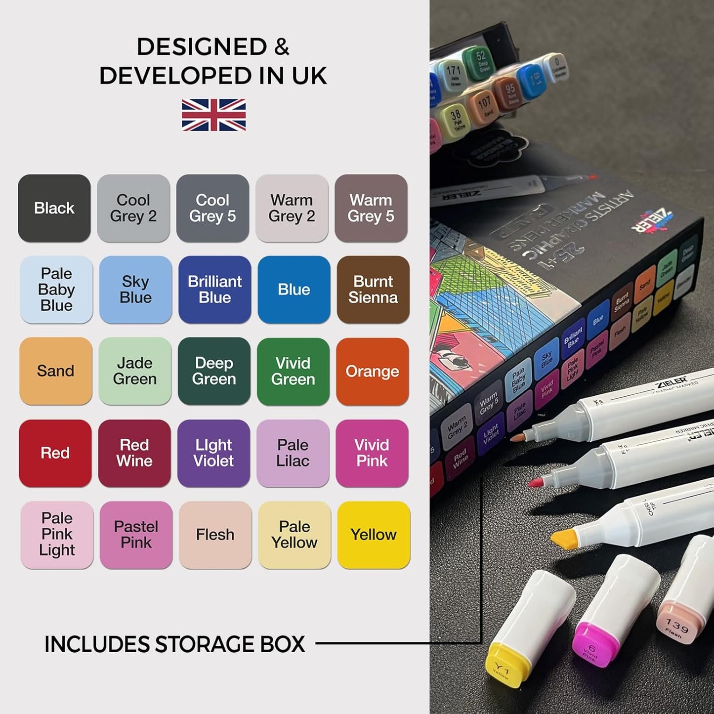 25+1 Artists Graphic Dual-Tip Graphic Marker Pens, 25 Colours+Blender, 1 Set