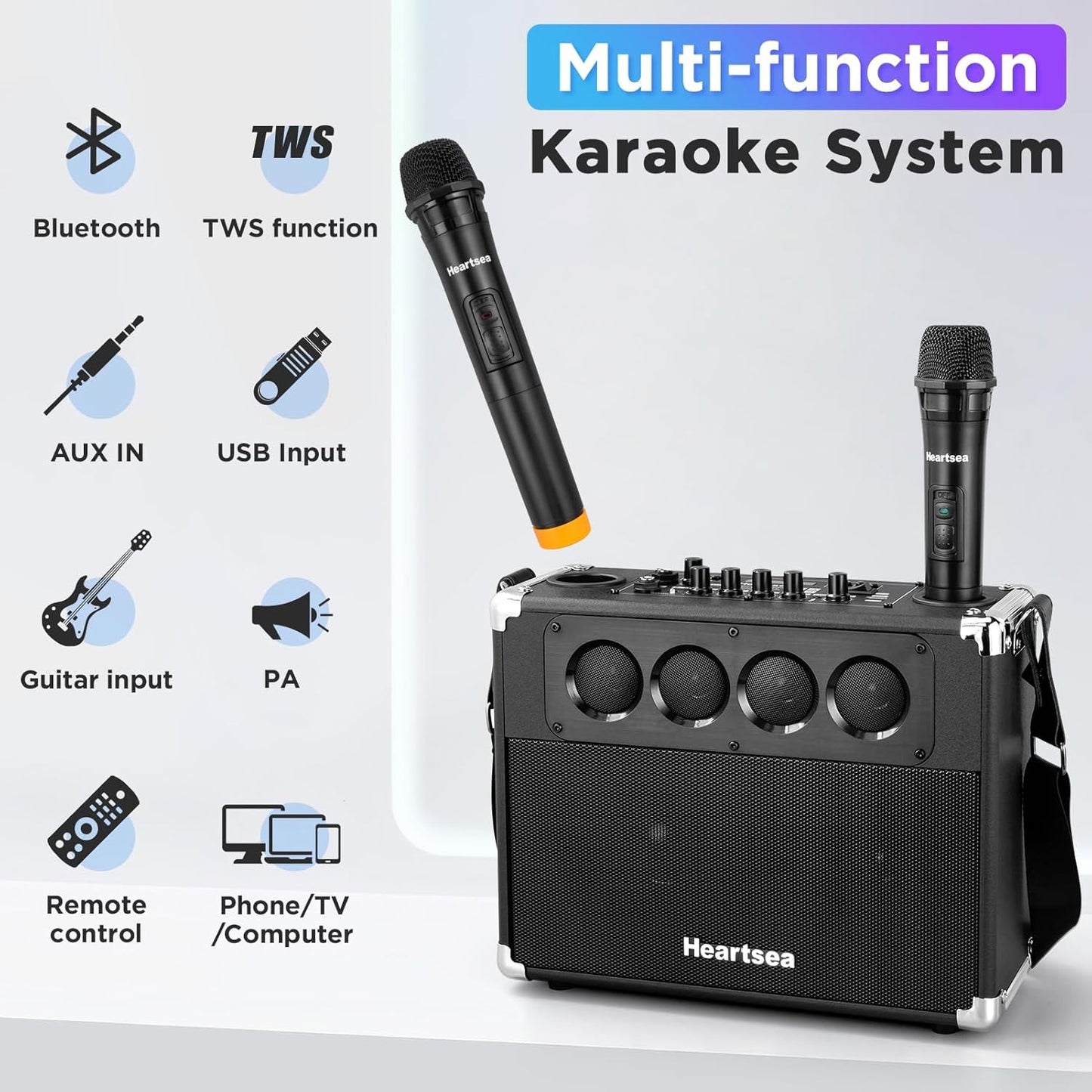 Heartsea Karaoke Machine with 2 Wireless Microphones for Adults & Kids – Portable Big Bluetooth Party Speaker, Voice Amplifier with TWS Pairing, 3-Way Big Sound for Home & Outdoor Party