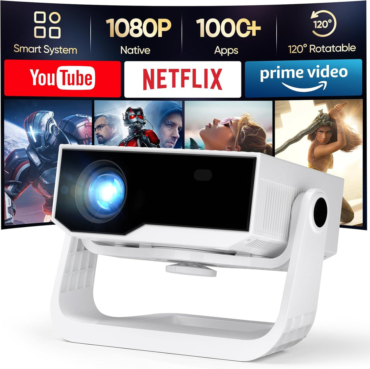 Projector with WiFi and Bluetooth, 1000+ Apps Installed, Electronic Focus & Auto Keystone, Low Fan Noise, Zoom, Native 1080P 4K Support Portable Mini Video Projector Outdoor Indoor