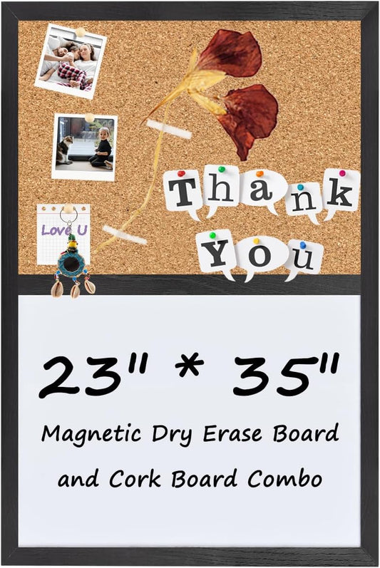 Bulletin Board Whiteboard Cork Board Combo for Office School Kitchen Bedroom, Black Wood Frame,23.6"*35.4",Whiteboard+Cork-6090BK