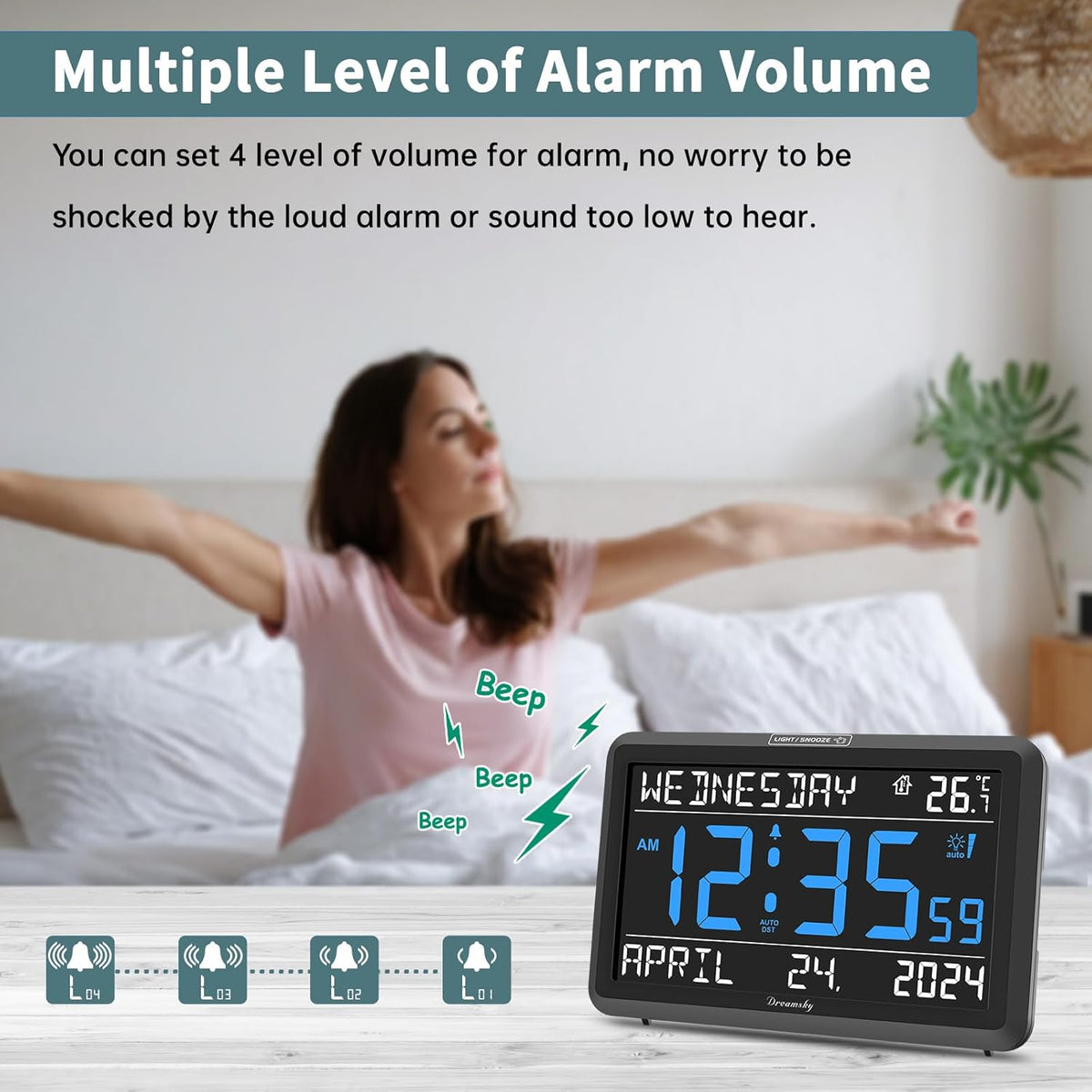 DreamSky Large Digital Clock with Date and Day of Week - Electric Desk Clock for Seniors Elderly, Bedroom Alarm Clock with Battery Backup, Dimmer, USB Port, Auto DST, Temperature, Adjustable Volume