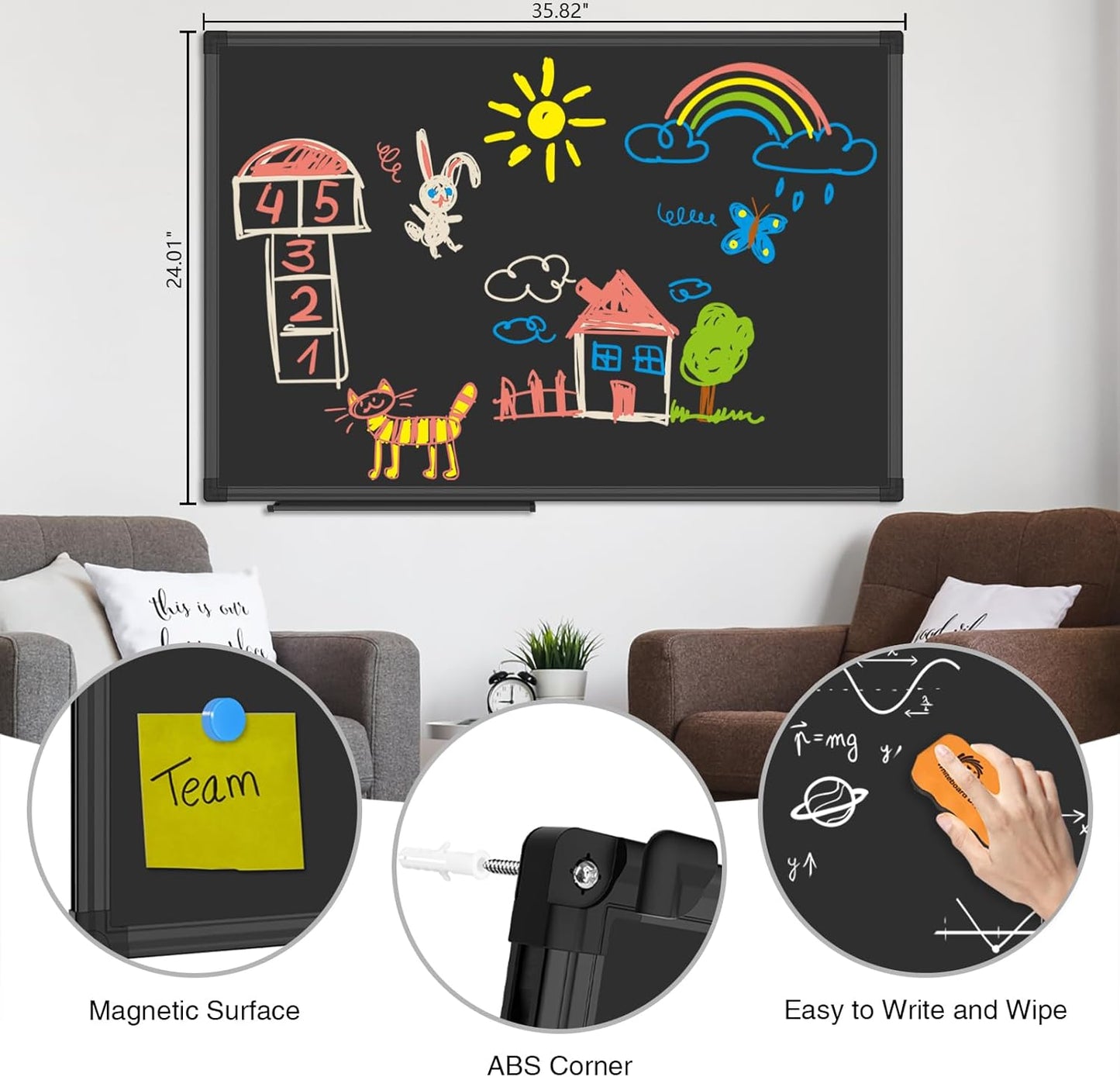 XBoard Magnetic Chalkboard Blackboard 36 x 24, Chalkboard Signs with Black Aluminium Frame, Pin Collections