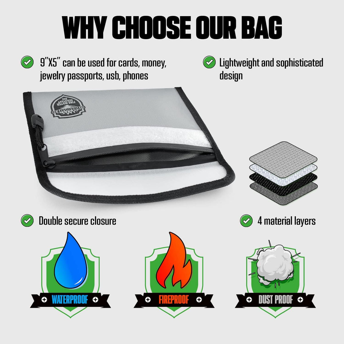 Fireproof Document Bag (5x8 inch), 2Pack Waterproof Money Bag Pocket with Zipper Closure, Storage Pouch for Valuables, A4 A5 Document File, Cash, Credit Card, Passport (2Pack, Grey)