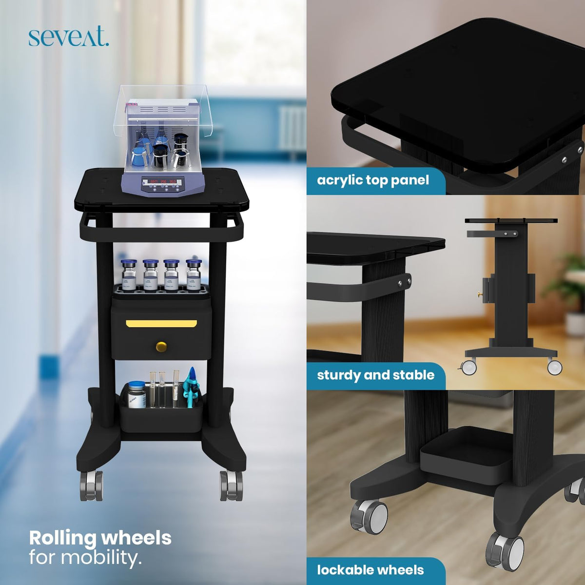 Professional Medical Cart with Drawers, 3 Tier, 198 Lbs Capacity, Portable Rolling Trolley for Home, Spa, Hospital, Office, Clinic (Black)