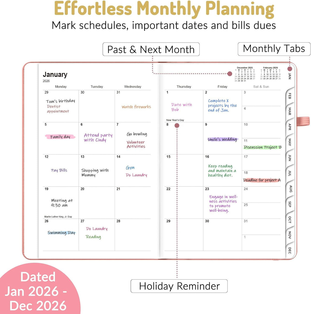 Forvencer 2026 Planner, Weekly Monthly Planners with Month Tabs, 12 Months (Jan 2026 - Dec 2026), A5(5.8"×8.3"), Daily Academic Calendar with Elastic Band, Small Hardcover Agenda, for Teacher, School