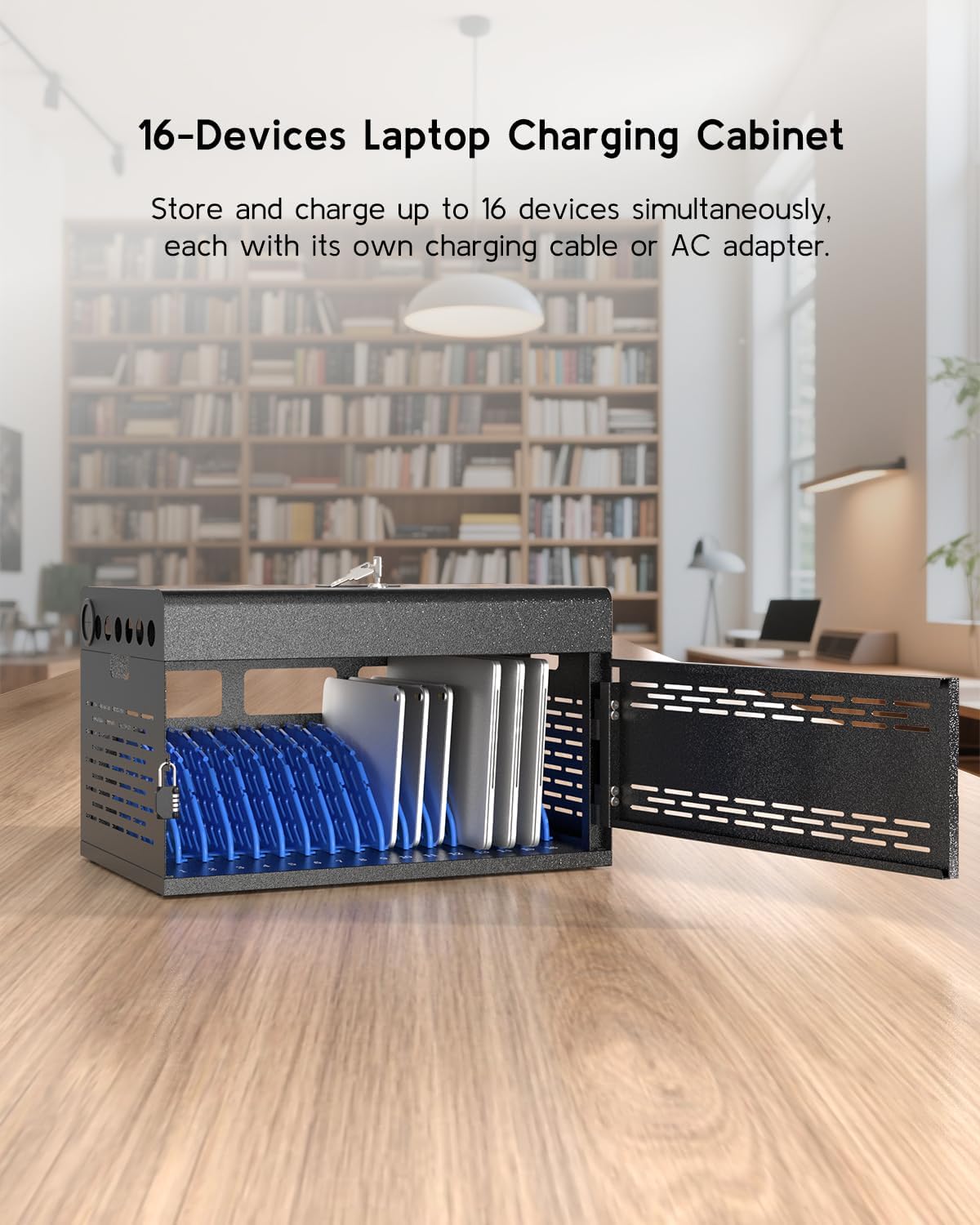 16 Device Tablet Charging Station - Classroom Storage Lock Box for Chromebook, iPads, Laptop and Tablets with Removable Door, Wall-Mount Charging Cabinet, Fully Assembled Portable Office Organization