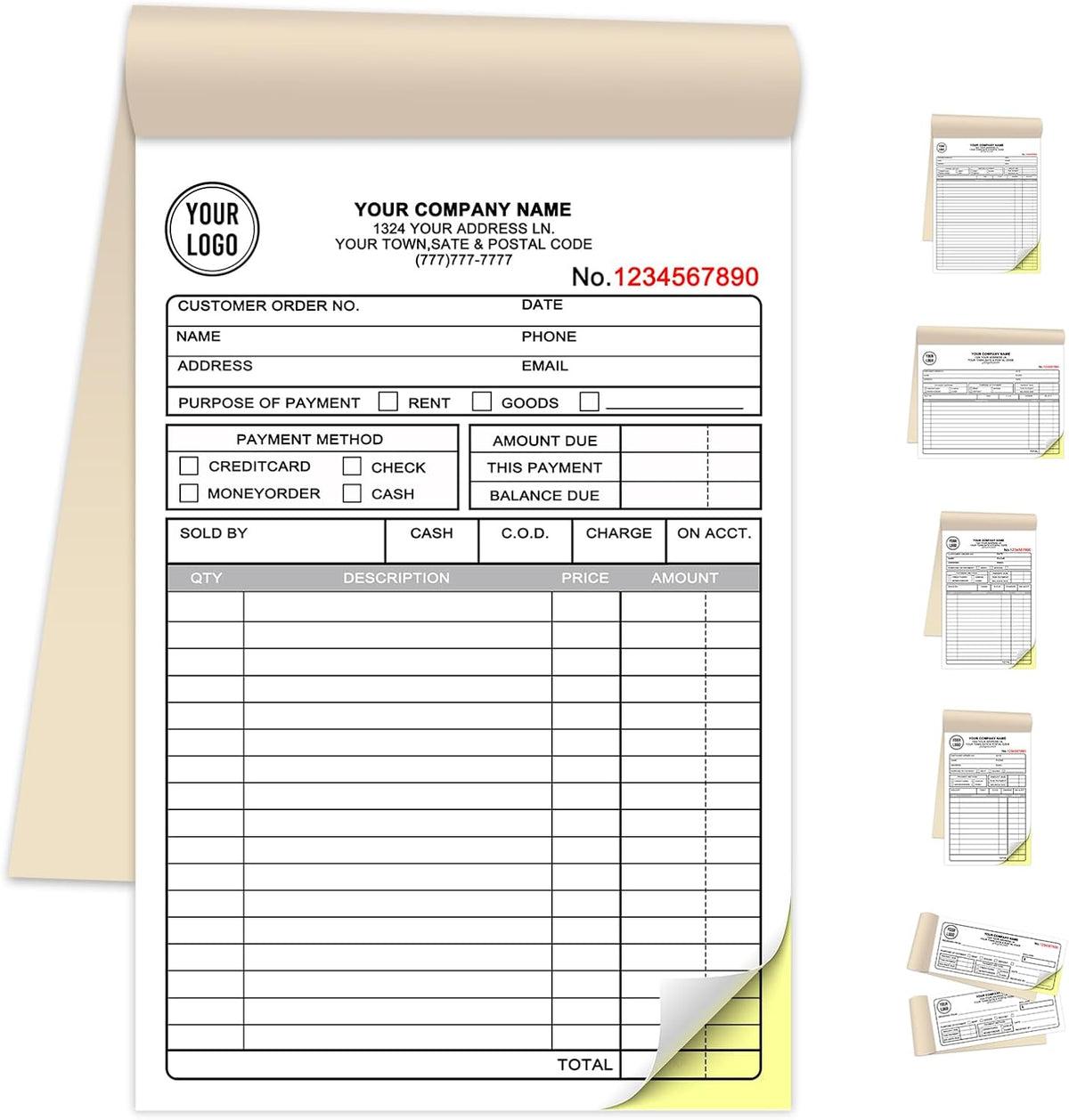 Custom Invoice Book for Small Business,5.5 x 8.5 Inches Invoice Receipt Book, 2-Part Carbonless Forms, Personalized Company Name, Address, Phone Number